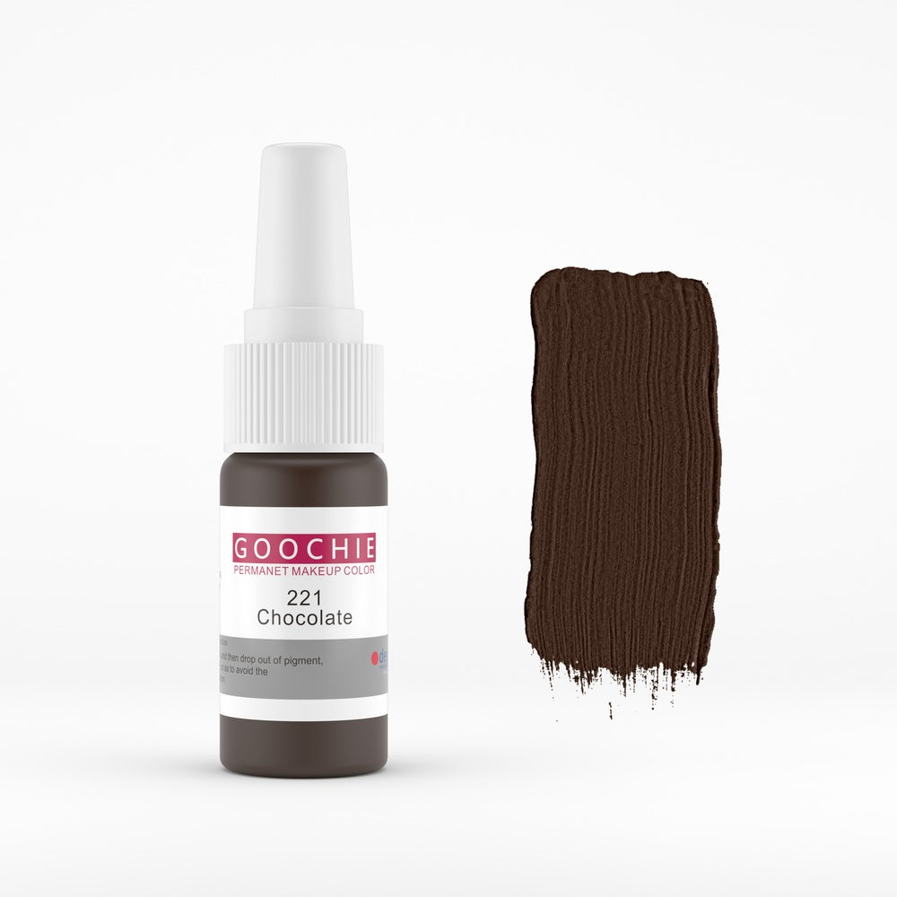 Goochie 221 Chocolate PMU pigment 15 ml with colour swatch