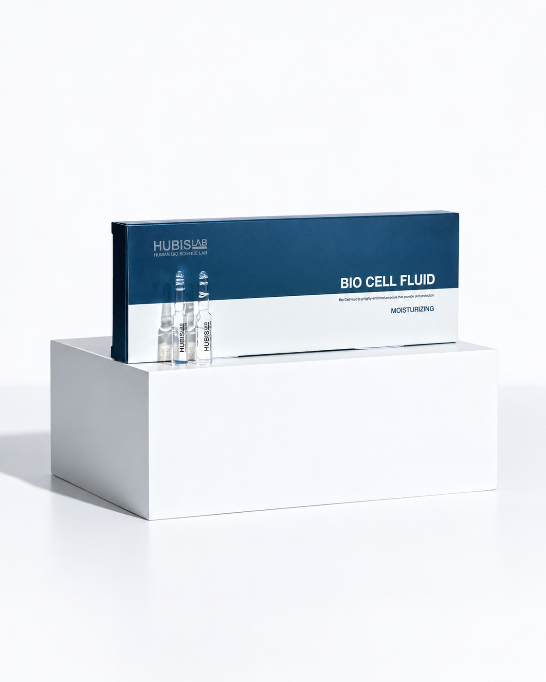 HUBISLAB Bio Cell Moisturizing Fluid box and ampoules, centered in a balanced portrait composition
