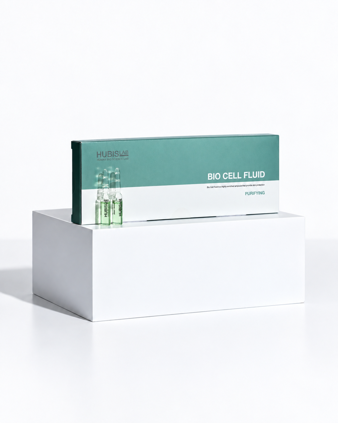 HUBISLAB Bio Cell Purifying Fluid box and ampoules, centered in a balanced portrait composition