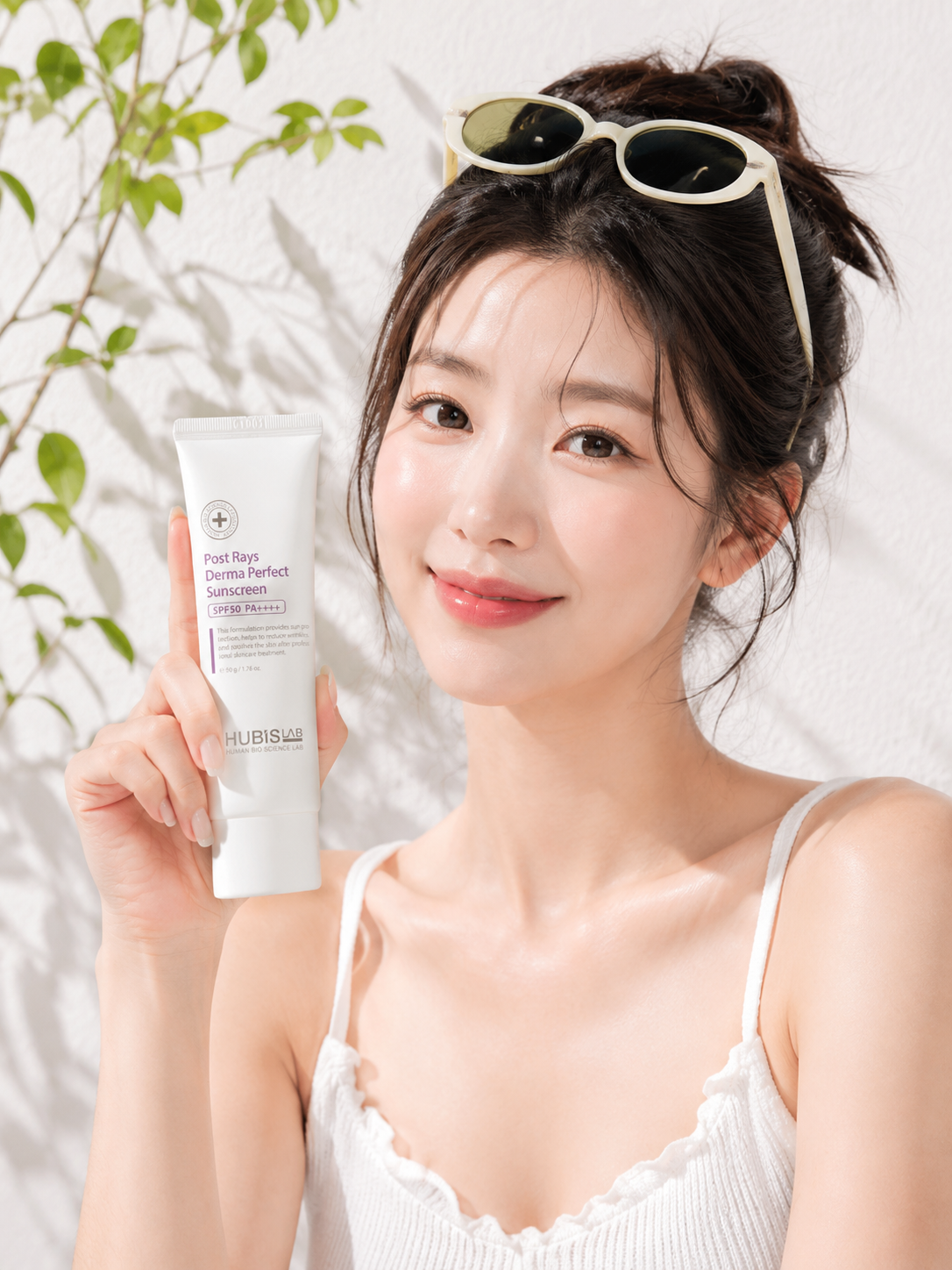 Model holding Hubislab Post Rays Derma Perfect Sunscreen