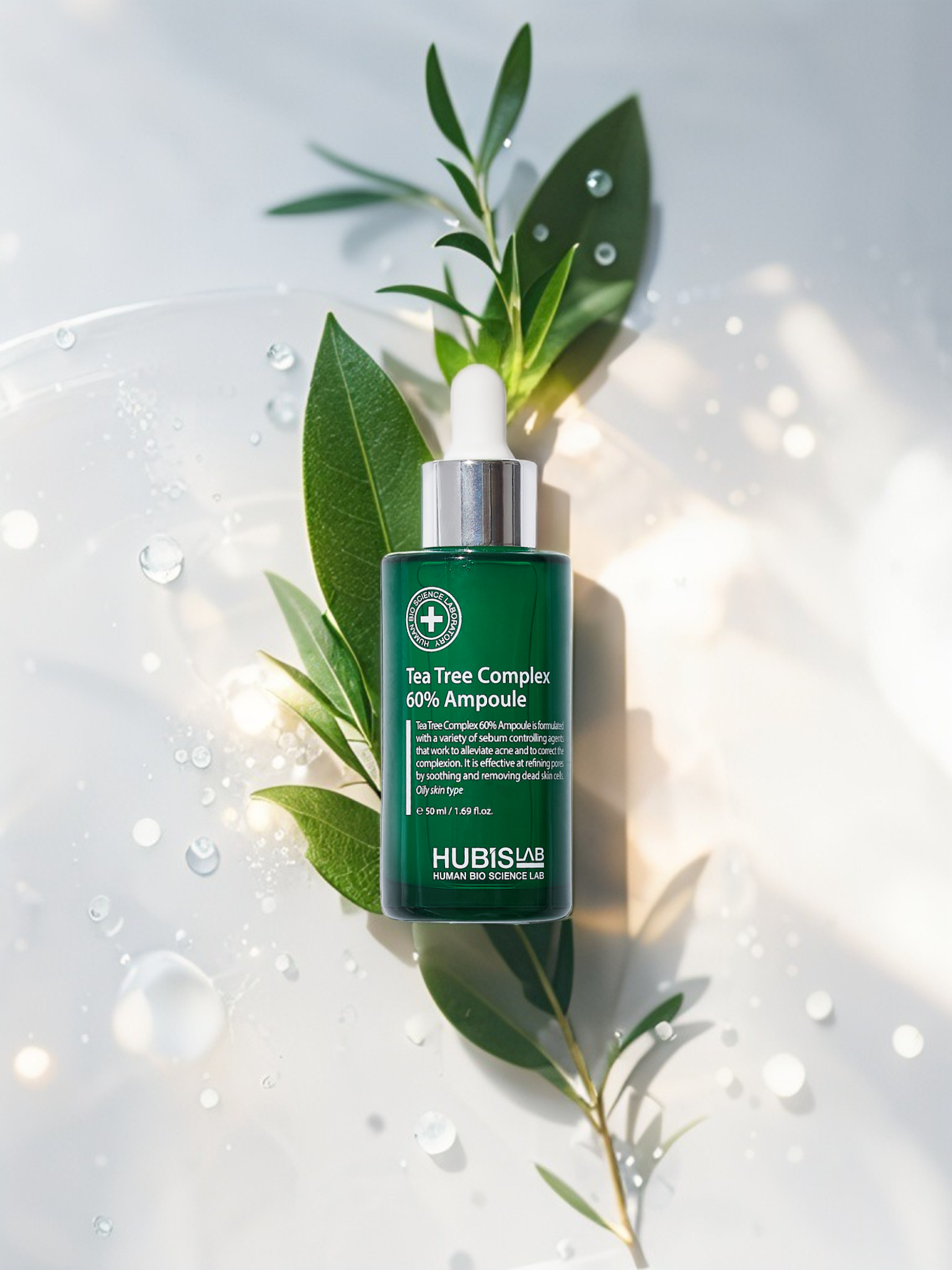 HUBISLAB Tea Tree Complex 60% Ampoule with botanical leaves